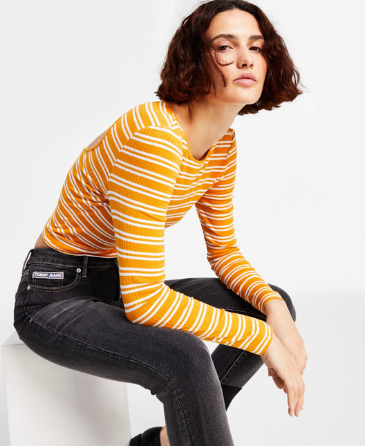 Tommy Jeans Women's Back Cutout Striped Ribbed Top Yellow Size Small by Steals