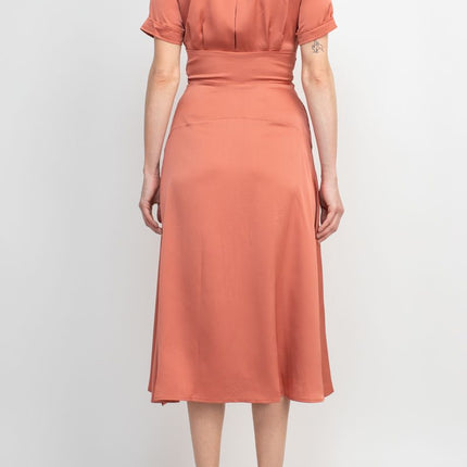 Tahari ASL Collared Pleated V-Necktie Waist Solid Satin Dress by Curated Brands
