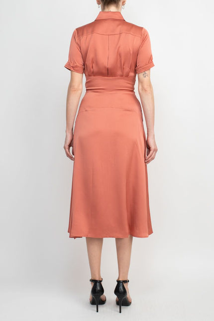 Tahari ASL Collared Pleated V-Necktie Waist Solid Satin Dress by Curated Brands