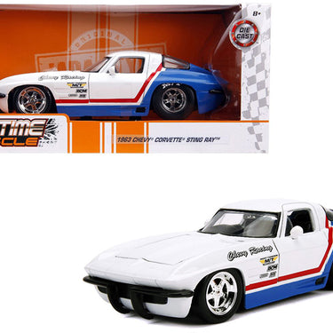 1963 Chevrolet Corvette Stingray White and Blue with Red Stripe "Chevy Racing" "Bigtime Muscle" 1/24 Diecast Model Car by Jada