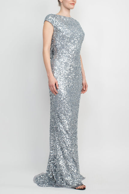 Primavera Boat Neck Cap Sleeve Cowl Back Bodycon Sequined Dress by Curated Brands