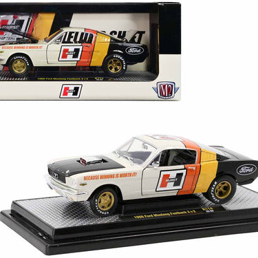 1966 Ford Mustang Fastback 2+2 Off White and Black with Red and Yellow Stripes "Hurst Shifters" Limited Edition to 6000 pieces Worldwide 1/24 Diecast Model Car by M2 Machines