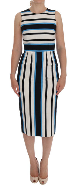 Blue White Striped Silk Stretch Sheath Dress by Faz
