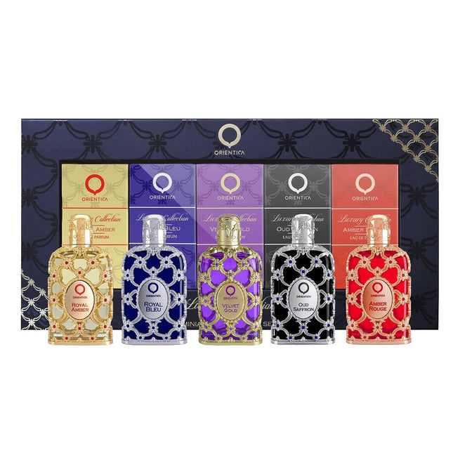 ORIENTICA VARIETY by Orientica - LUXURY COLLECTION WITH AMBER ROUGE & OUD SAFFRON & ROYAL AMBER & ROYAL BLEU & VELVET GOLD AND ALL ARE EAU DE PARFUM SPRAY 0.25 OZ MINI - Unisex