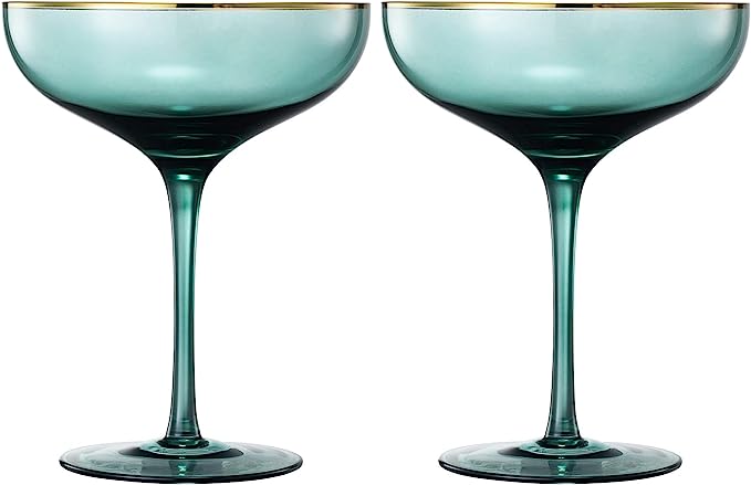 Colored Green & Gilded Rim Wine Glassware, Large 9oz Cocktail & Champagne Glasses 2-Set Vibrant Color Gold Vintage Stemmed Wine Glass, Glassware Gift Idea Perfect for Spring, Mother's Day (Coupe) by The Wine Savant