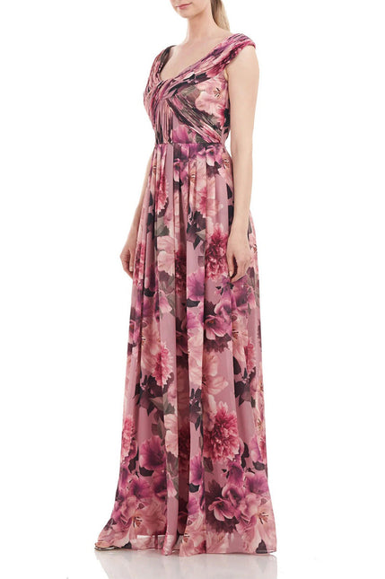 Kay Unger Scoop Neck Cap Sleeve Floral Print Pleated Chiffon Dress by Curated Brands