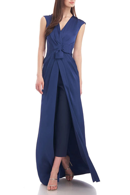 Kay Unger V-Neck Sleeveless Zipper Back Gathered Front Walk-Through Charmeuse Jumpsuit with Stretch Crepe Pant by Curated Brands