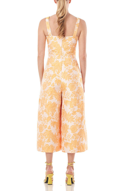 Kay Unger Sleeveless Square Neck Empire Waist Floral Two-Tone Jacquard Jumpsuit with Pockets by Curated Brands