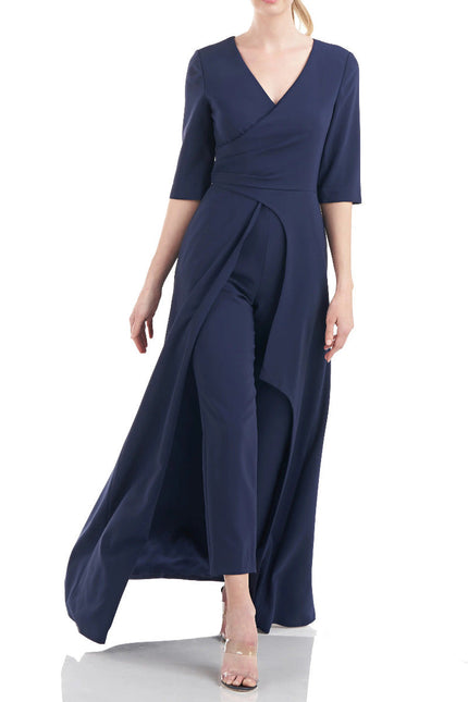 Kay Unger V-Neck 3/4 Sleeve Solid Zipper Back Full-length skirt with walk-through front cutout Crepe by Curated Brands