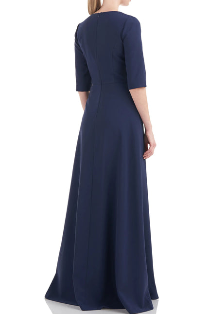 Kay Unger V-Neck 3/4 Sleeve Solid Zipper Back Full-length skirt with walk-through front cutout Crepe by Curated Brands