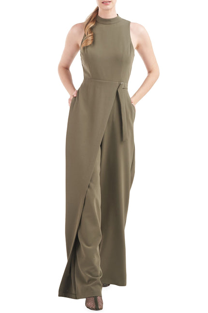 Kay Unger Mockneck Sleeveless Asymmetrical Belted Overlay Wide Leg Stretch Crepe Jumpsuit by Curated Brands
