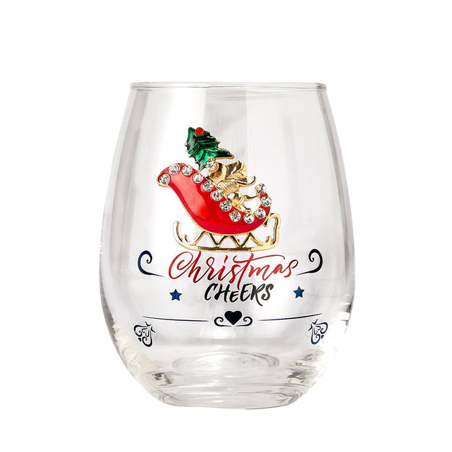 Crystal Christmas Santa's Sleigh Wine & Water Glasses - Set of 2, 17.5oz - Xmas Diamond Merry Christmas Santa Holiday Festive Theme Stemless Glass - New Year Holiday Gifts for Men Women Friend Family by The Wine Savant