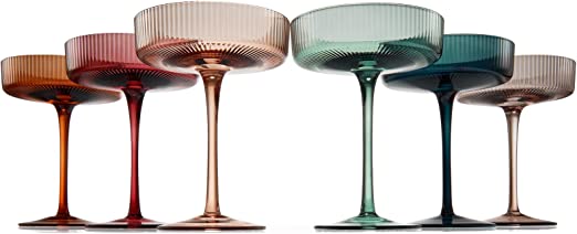 Vintage Art Deco Coupe Glasses Ribbed Coupe Cocktail Glasses 7 oz | Set of 6 | Pastel Colored Crystal Cocktail Glassware for Champagne, Martini, Manhattan Goblet Cocktails, Ripple Glassware - Gift Box by The Wine Savant