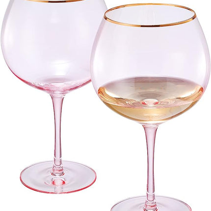 Colored Blush Pink & Gilded Rim Wine Glassware, Large 23oz Cocktail & Champagne Glasses 2-Set Vibrant Color Gold Vintage Stemmed Wine Glass, Gift Idea, Red & White - Perfect Gifts, Gorgeous Gift Box by The Wine Savant