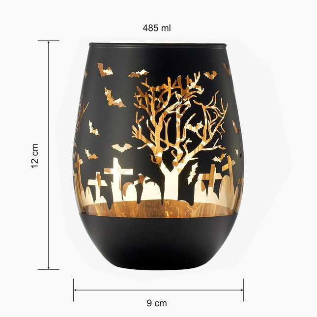 Crystal Halloween Stemless Wine Glass - Set of 2 - Themed Vibrant Black & Gold Etched Spooky Graveyard Pattern Frosted Glass, Perfect for Themed Gothic Parties Trick Or Treat Gift For Him Her (16 OZ) by The Wine Savant