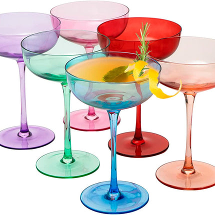 Colored Coupe Glasses | Set of 6 | 7 oz Classic Cocktail Glassware for Champagne, Martini, Manhattan, Cosmopolitan, Crystal Speakeasy Style Goblets Stems, Elegantly Color (Classic Multicolor) by The Wine Savant