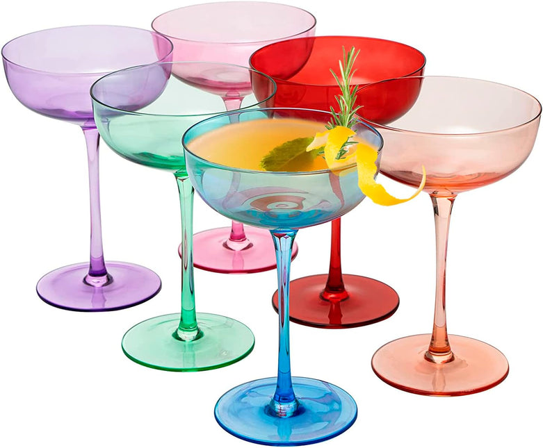 Colored Coupe Glasses | Set of 6 | 7 oz Classic Cocktail Glassware for Champagne, Martini, Manhattan, Cosmopolitan, Crystal Speakeasy Style Goblets Stems, Elegantly Color (Classic Multicolor) by The Wine Savant