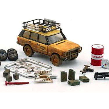 Land Rover Range Rover Classic LSE RHD (Right Hand Drive) "Camel Trophy" Yellow (Dirty Mud Version) with Roof Rack Extra Wheels and Accessories Limited Edition to 2016 pieces Worldwide 1/64 Diecast Model Car by BM Creations
