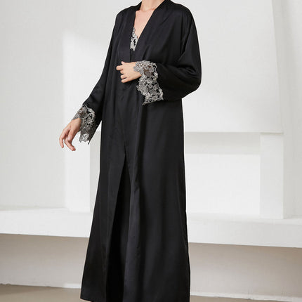 Contrast Lace Trim Satin Night Dress and Robe Set by Blak Wardrob