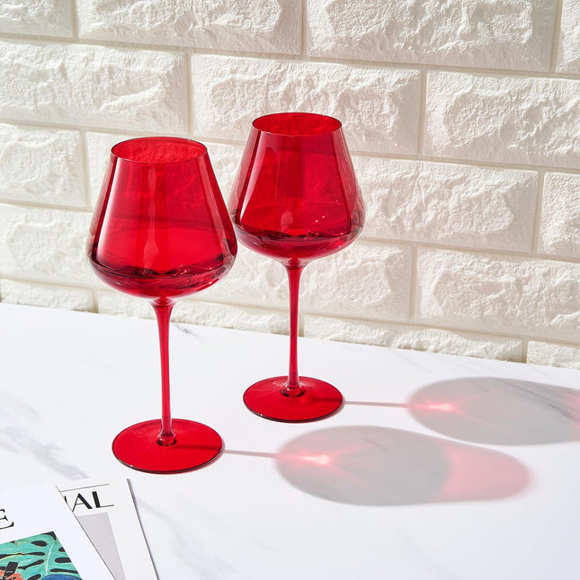 Crystal Christmas Holiday Red Colored Crystal Wine Glass Set of 2, Gift For Hosting, Her, Wife, Mom Friend - Large 20 oz Glasses, Unique Italian Style Tall Drinkware - Red & White, Color Glassware by The Wine Savant