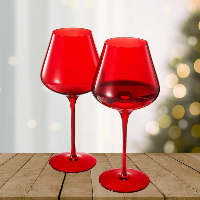 Crystal Christmas Holiday Red Colored Crystal Wine Glass Set of 2, Gift For Hosting, Her, Wife, Mom Friend - Large 20 oz Glasses, Unique Italian Style Tall Drinkware - Red & White, Color Glassware by The Wine Savant