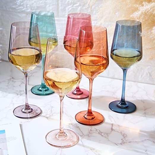 Colored Crystal Wine Glass Set of 6, Gift For Him, Her, Wife, Friend - Large 12 oz Glasses, Unique Italian Style Tall Drinkware - Red & White, Dinner, Color Beautiful Glassware - (Pastel) by The Wine Savant
