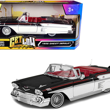 1958 Chevrolet Impala Convertible Lowrider Black and White with Red Interior "Get Low" Series 1/24 Diecast Model Car by Motormax