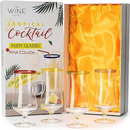 Hurricane Glasses, Large 17oz Pina Colada, Set of 4 Tropical Cocktail Tall Stemmed Crystal Glassware, Poco Grande Cups, Tulip Shaped for Bar Drinks, Daiquiri, Juice, Bloody Mary, Mai Tai, Cocktails by The Wine Savant
