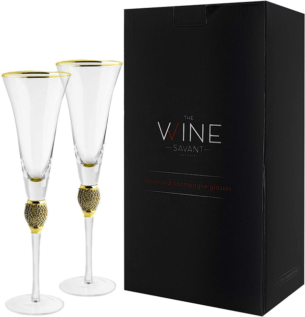 The Wine Savant Diamond Champagne Flutes Set of 2 Glasses, Dimond Rhinestone Studded Long Stem, 7oz, Premium Designed Champagne Glasses for Spirits and Wine, Gift Boxed by The Wine Savant