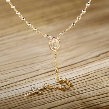 RMZ GOLD NYC Unisex 14K Gold Virgin Mary Rosary Bead Cross Necklace 18''