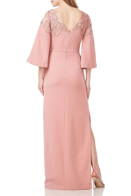 JS Collections Embellished Boat Neck 3/4 Flare Sleeve Zipper Back Slit Side Solid Stretch Crepe Dress by Curated Brands