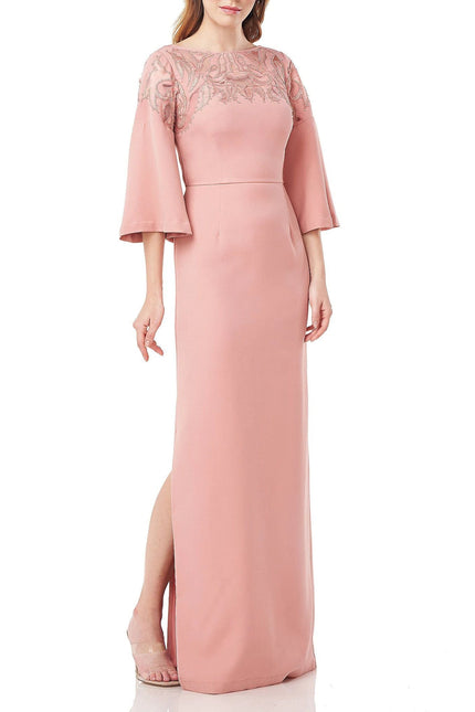 JS Collections Embellished Boat Neck 3/4 Flare Sleeve Zipper Back Slit Side Solid Stretch Crepe Dress by Curated Brands
