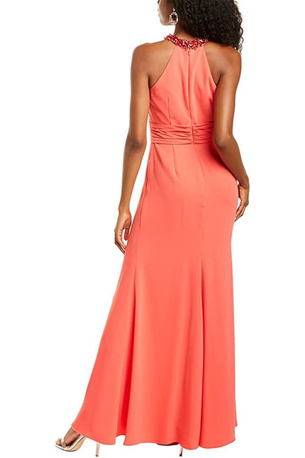 Theia Embellished Halter Neck Zipper Back Solid Crepe Gown by Curated Brands