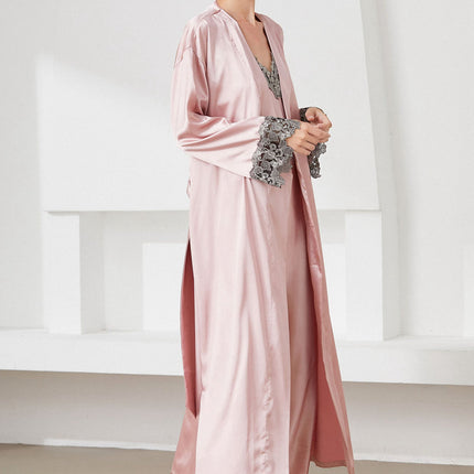 Contrast Lace Trim Satin Night Dress and Robe Set by Blak Wardrob