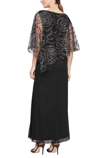 SL Fashions 3/4 Sleeve Asymmetrical Glitter Mesh Capelet V-Neck Jersey Gown by Curated Brands