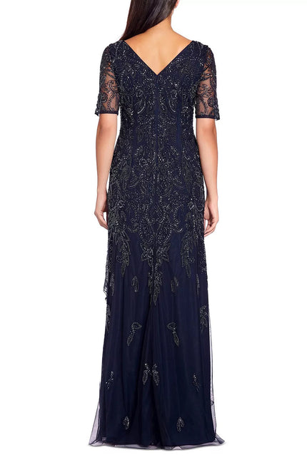 Adrianna Papell V-neck short illusion sleeve sequined & beaded zipper back mermaid hand beaded mesh gown by Curated Brands