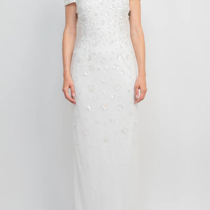 Adrianna Papell Off-Shoulder Zipper Back Sequined Beaded Column Mesh Dress by Curated Brands