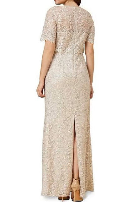 Adrianna Papell Lace Boat Neck A-line Short Sleeve Sequin Gown (Petite) by Curated Brands