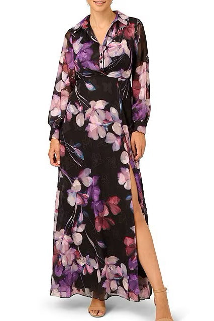 Adrianna Papell collared V-neck long sleeve zipper closure floral print georgette gown by Curated Brands