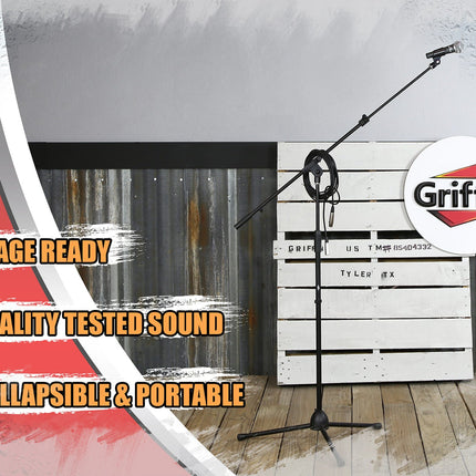 Microphone Stand Studio Package by GRIFFIN - Telescoping Boom Arm Mount & Tripod Holder - Singing Handheld Vocal Microphone, 20FT XLR Mic Cable by GeekStands.com