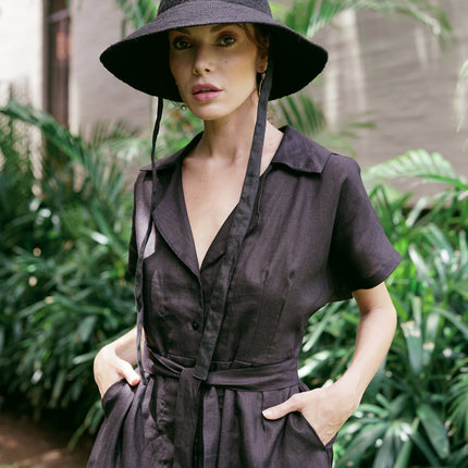 ARYA Safari Linen Midi Dress, in Black by BrunnaCo
