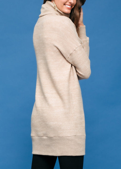 Women's Turtle Neck Ribbed Sweater Mini Dress In Camel by Shop at Konus