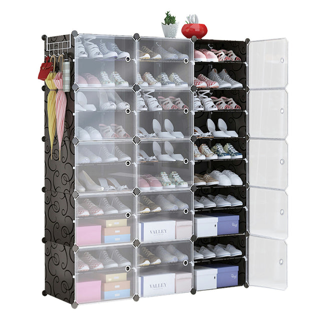 10-Tier 3-Row Shoe Rack Organizer Stackable Free Standing Shoe Storage Shelf Plastic Shoe Cabinet Tower with Transparent Doors for Heels Boots Slipper - Black
