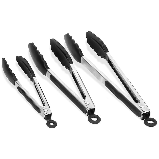 3-Piece Stainless Steel Locking Food Tongs Set with Silicon Tips - BPA Free, Non-Stick, High Heat Resistant - Black