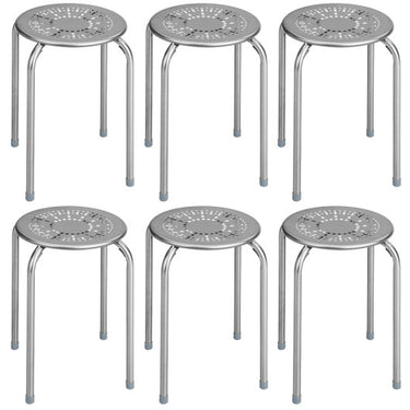 6-Pack Stackable Multifunctional Daisy Design Backless Round Metal Stool Set-Grey