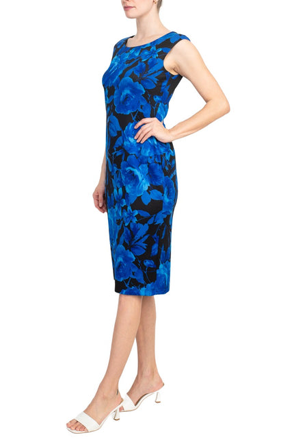 Connected Apparel boat neck sleeveless zipper closure floral print scuba crepe dress by Curated Brands