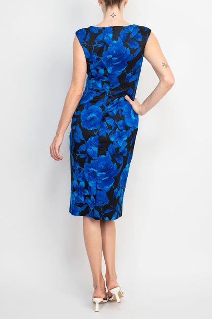 Connected Apparel boat neck sleeveless zipper closure floral print scuba crepe dress by Curated Brands