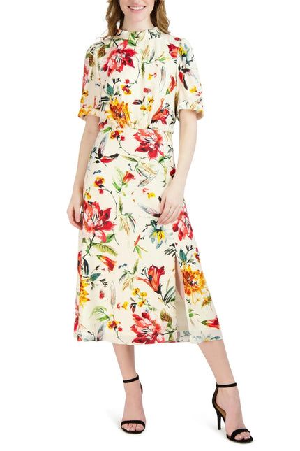 Julia Jordan Floral Mock Neck Linen Dress by Curated Brands