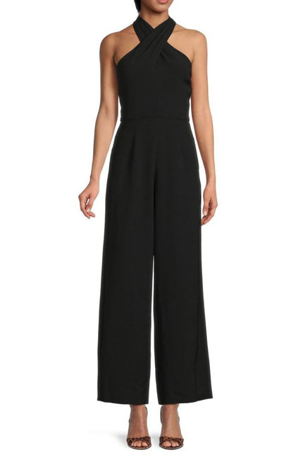 Julia Jordan Stretch Criss Cross Halter Neckline Sleeveless Crepe Jumpsuit With Pockets by Curated Brands