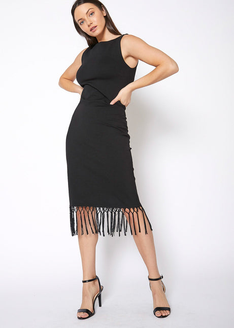 Tassel Hem Sleeveless Midi Bodycon Dress in Black by Shop at Konus